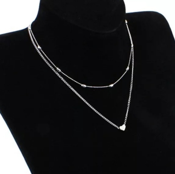 2 Necklace Set Choker Heart Pendant Silver - Picture 2 of 4